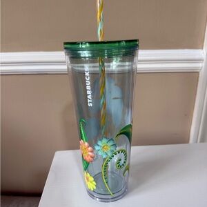 New Starbucks Floral Clear Tumbler with Green Lid